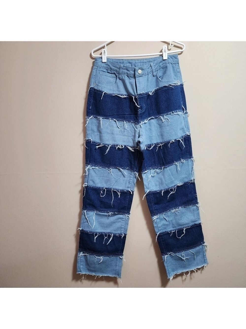 Shein high waisted wide leg distressed striped  panel color block jean size L